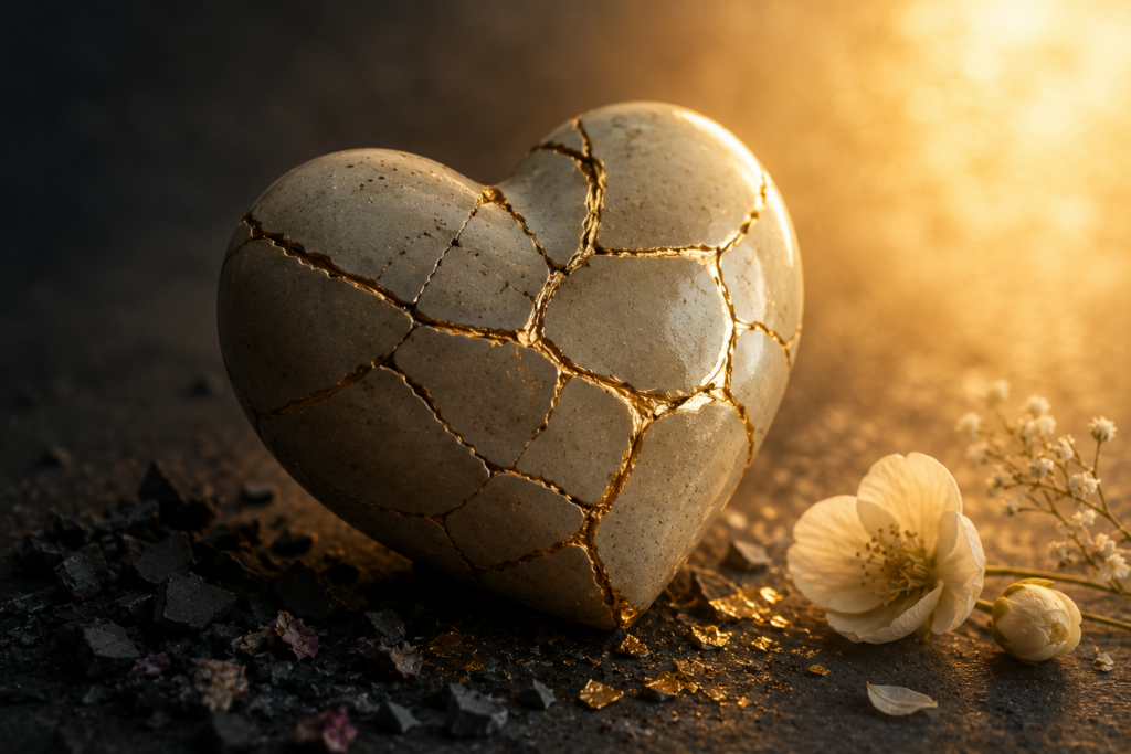 A Japanese Kintsugi heart melded together with gold.