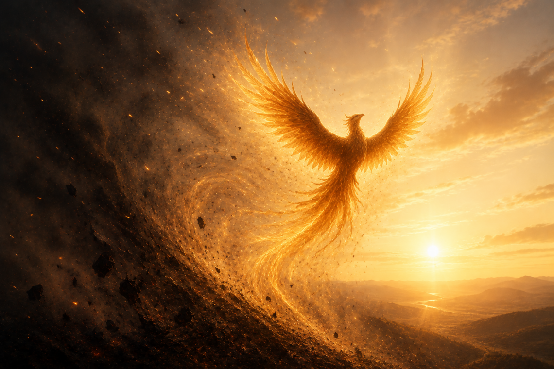 A phoenix reborn from the ashes into the light