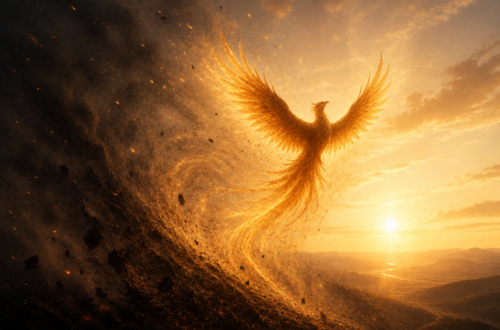 A phoenix reborn from the ashes into the light