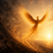 A phoenix reborn from the ashes into the light